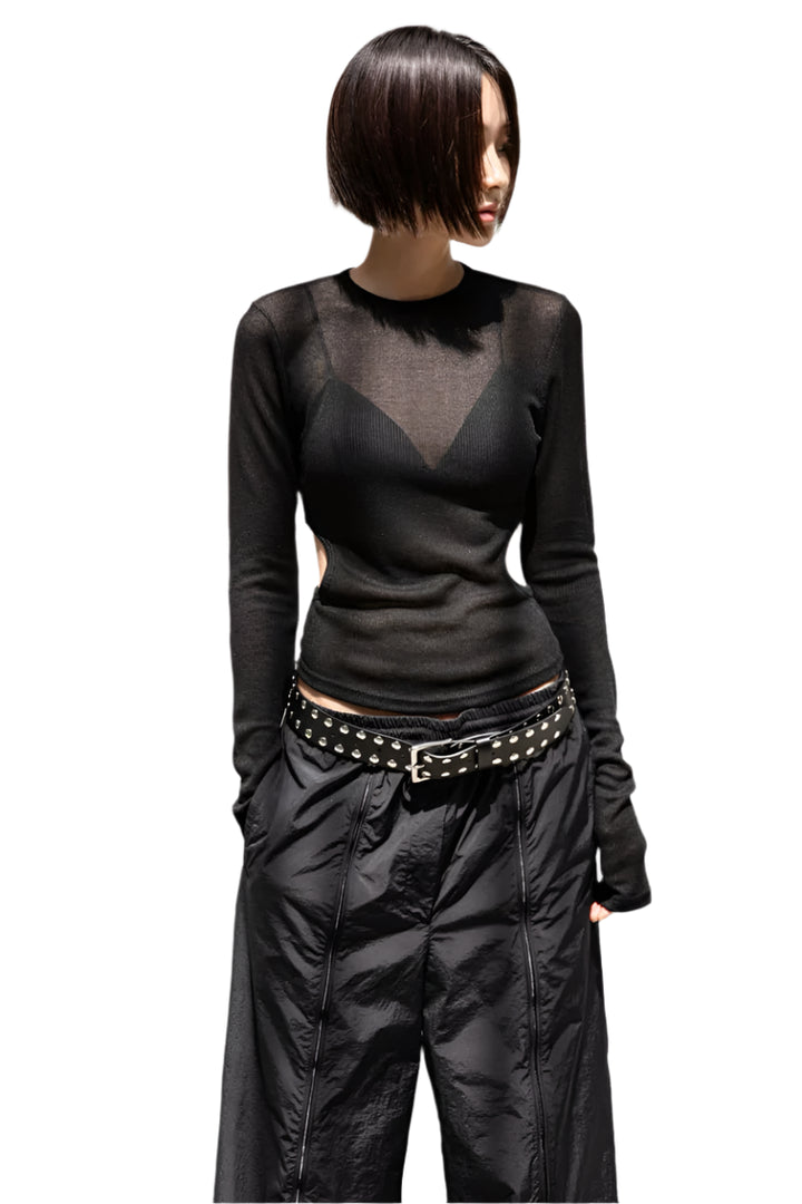 Clever Alice Sheer Ribbed Long Sleeve with Cut-Outs