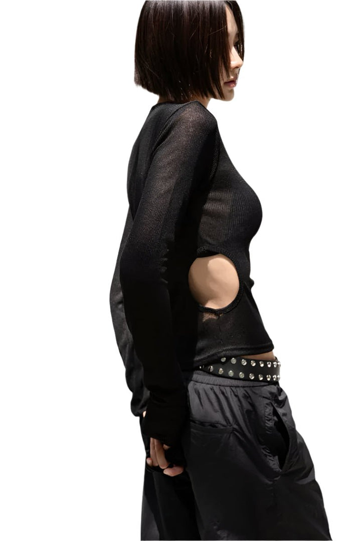 Clever Alice Sheer Ribbed Long Sleeve with Cut - Outs - clever alice