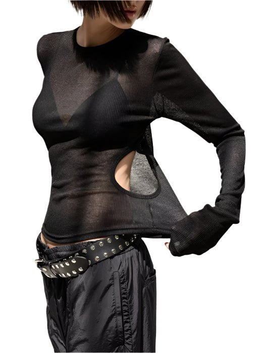 Clever Alice Sheer Ribbed Long Sleeve with Cut - Outs - clever alice