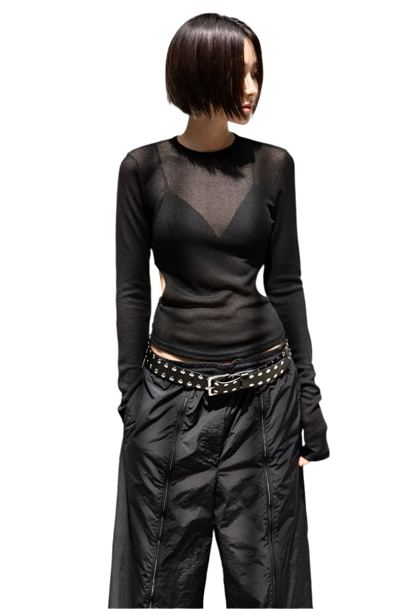 Clever Alice Sheer Ribbed Long Sleeve with Cut - Outs - clever alice