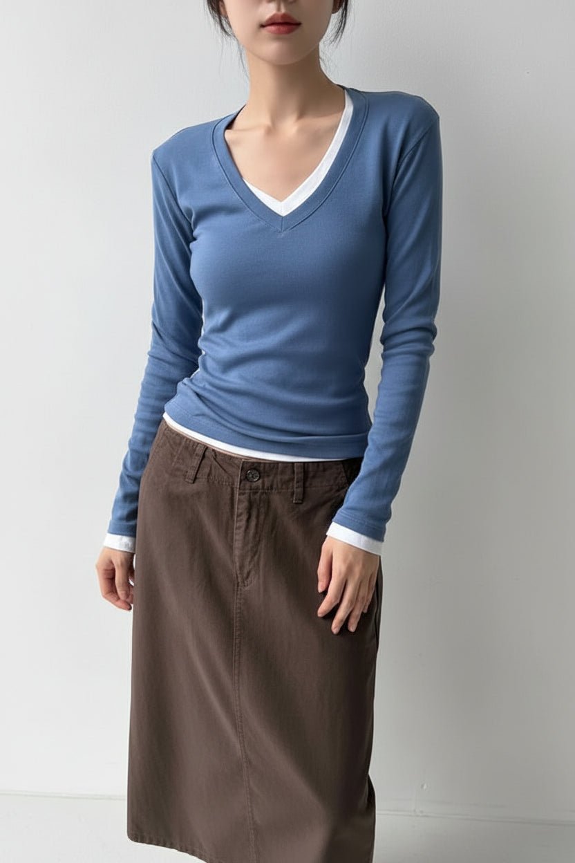 Clever Alice V-neck Slim Long Sleeved Tee - clever alice