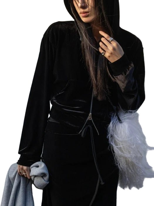 Clever Alice Velvet Two Way Cropped Zip Up Hoodie - clever alice