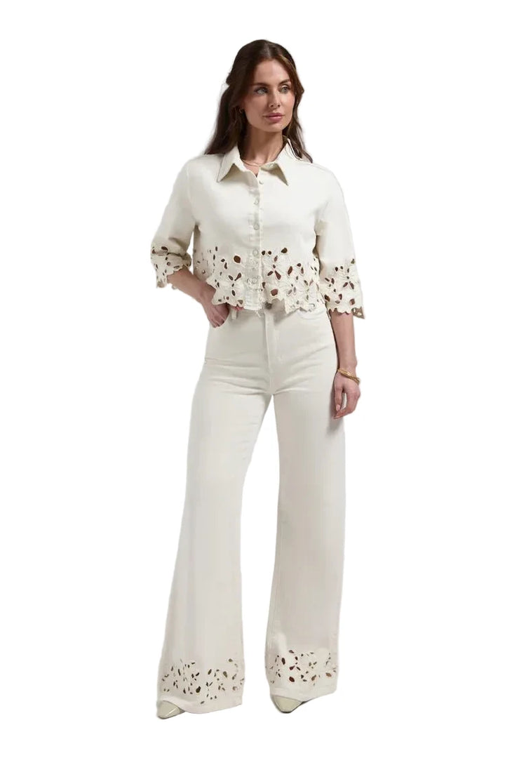 Florez Ana Flared Embro Denim | Soft White - clever alice