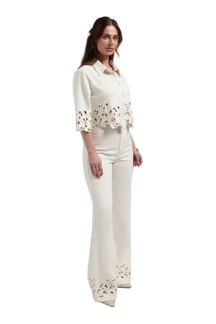 Florez Ana Flared Embro Denim | Soft White - clever alice