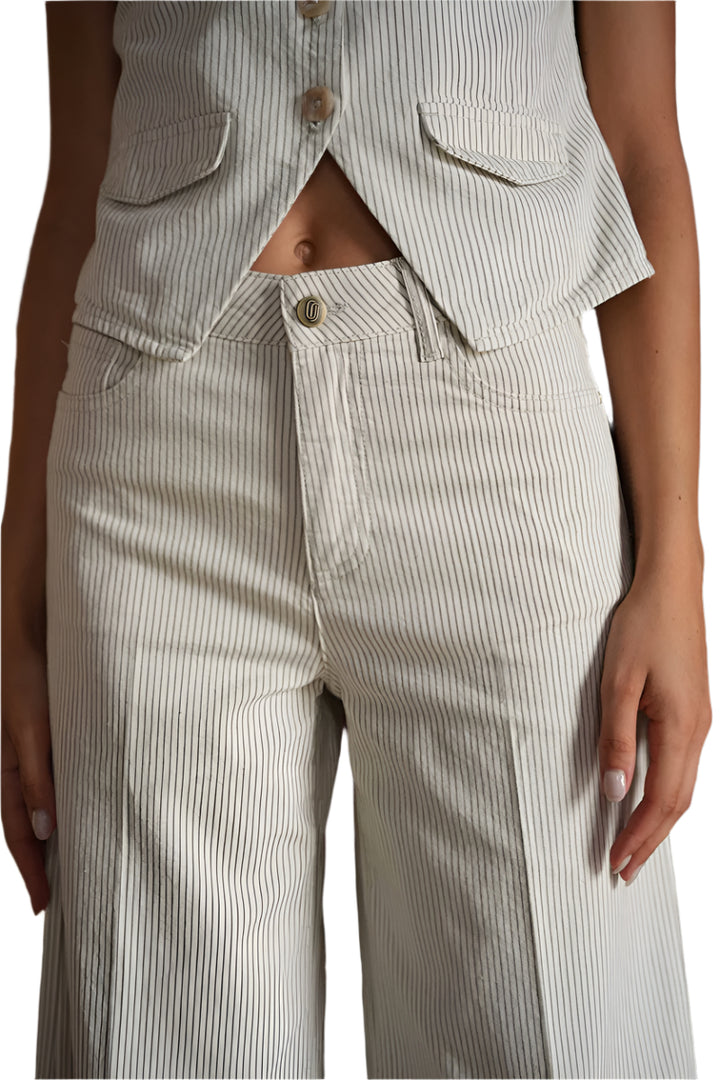 Oraije Peter Wide Cropped Jean in Green Pinstripe - clever alice