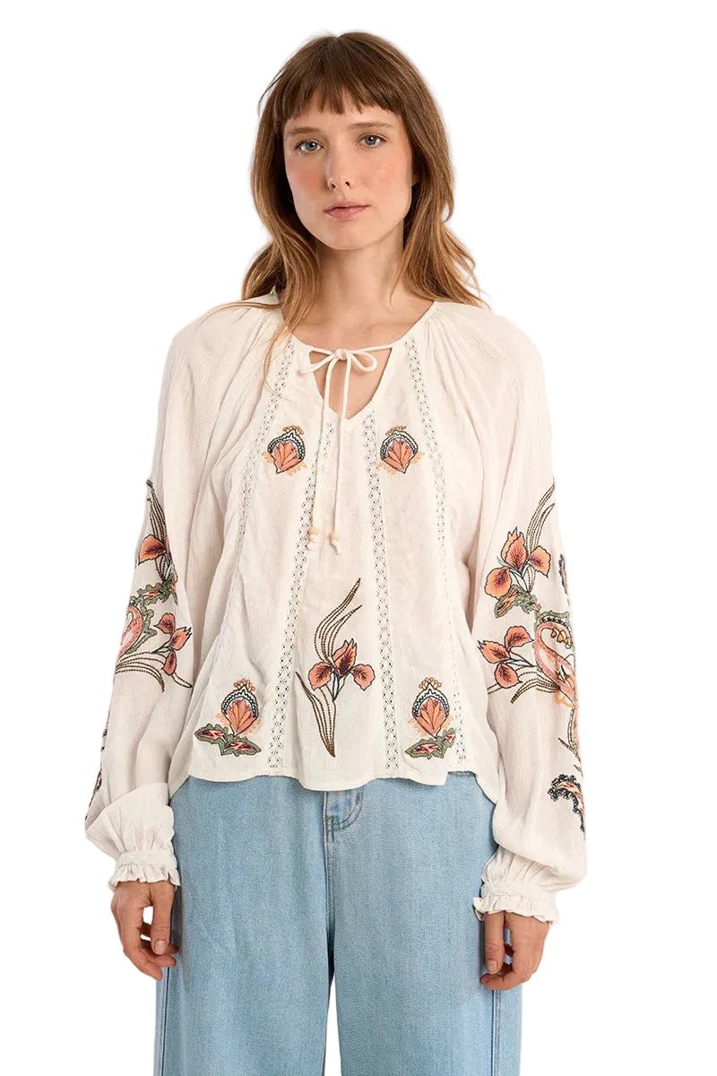 Molly Bracken Floral Embroidery Blouse with Tie Collar - clever alice