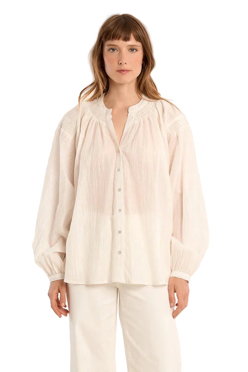 Molly Bracken Mandarin Collar Blouse, Gold Stripes - clever alice