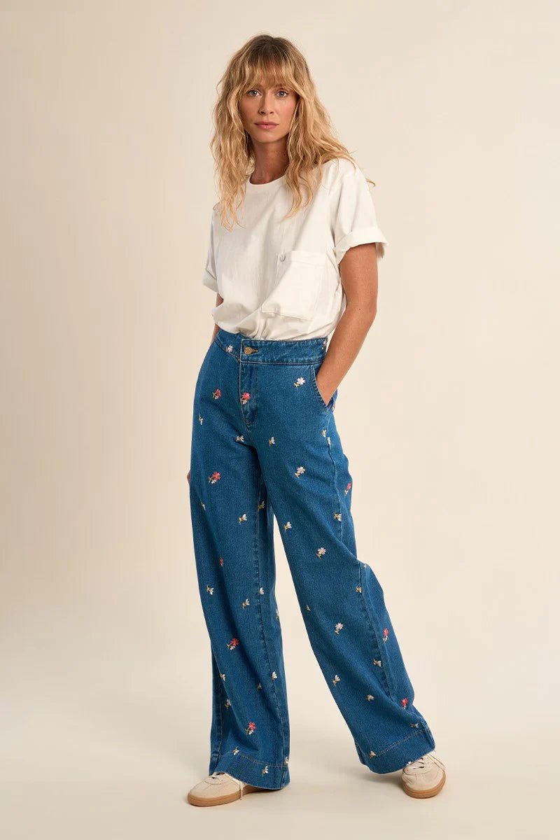 Molly Bracken Rose Embroidered Wide Leg Jeans - clever alice