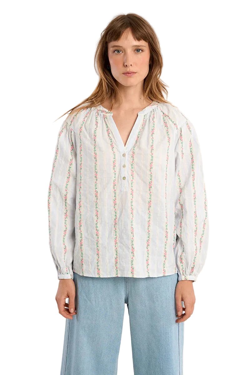 Molly Bracken Striped Cotton Blouse, Floral Patterned - clever alice