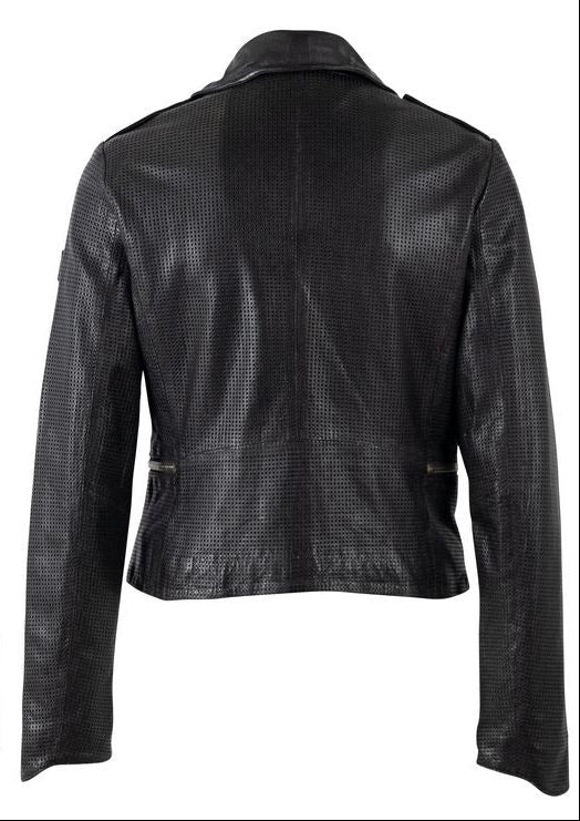 Black leather jacket shown from front and back on a white background