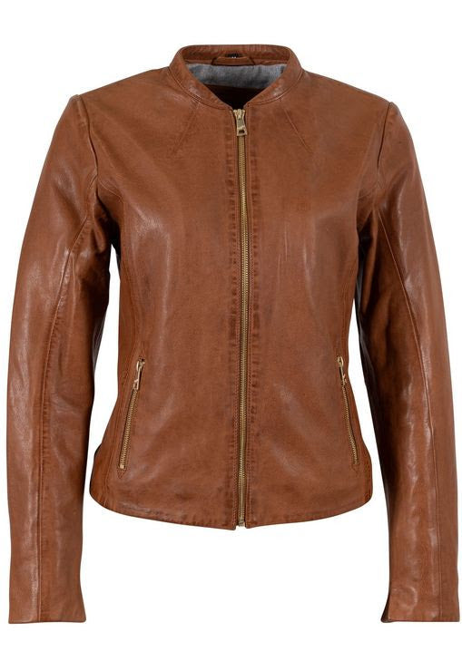 Brown leather jacket shown from front and back on a white background