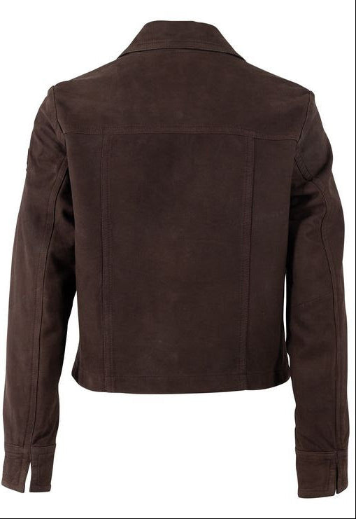 Brown jacket shown from front and back on a white background