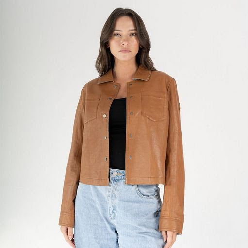 Woman wearing a brown leather jacket, shown from front and back, on a white background.