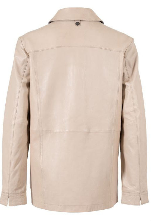Beige jacket shown from front and back on a white background