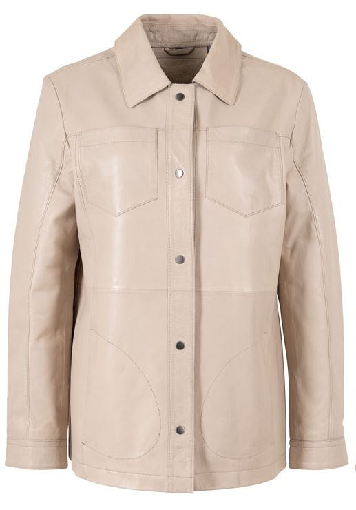 Beige jacket shown from front and back on a white background