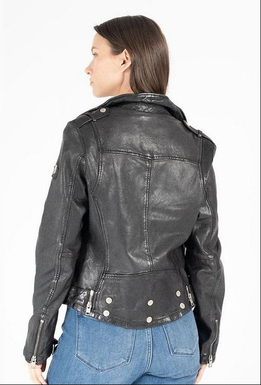 Black leather jacket worn by a model on a white background