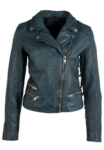 Blue leather jacket with fringe details on a white background