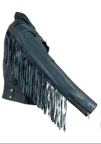 Blue leather jacket with fringe details on a white background