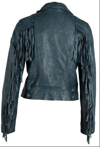 Blue leather jacket with fringe details on a white background