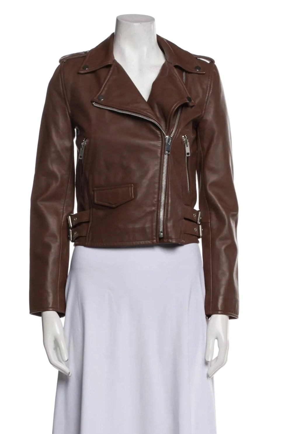 Walter Baker Liz Jacket in Walnut

Made from 100% lambskin leather for a soft, luxe feel

Rich walnut color for versatile styling

Functional pockets for everyday wear

Small front pocket detail adds a modern touch

Stylish zipper details for an edgy finish

Side belt details enhance the tailored silhouette

Sleek, contemporary design perfect for day or night styling