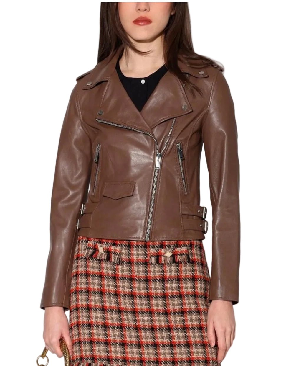 Walter Baker Liz Jacket in Walnut

Made from 100% lambskin leather for a soft, luxe feel

Rich walnut color for versatile styling

Functional pockets for everyday wear

Small front pocket detail adds a modern touch

Stylish zipper details for an edgy finish

Side belt details enhance the tailored silhouette

Sleek, contemporary design perfect for day or night styling